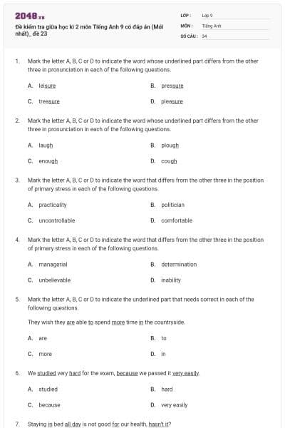 Đề kiểm tra giữa học kì 2 môn Tiếng Anh 9 có đáp án (Mới nhất)_ đề 23