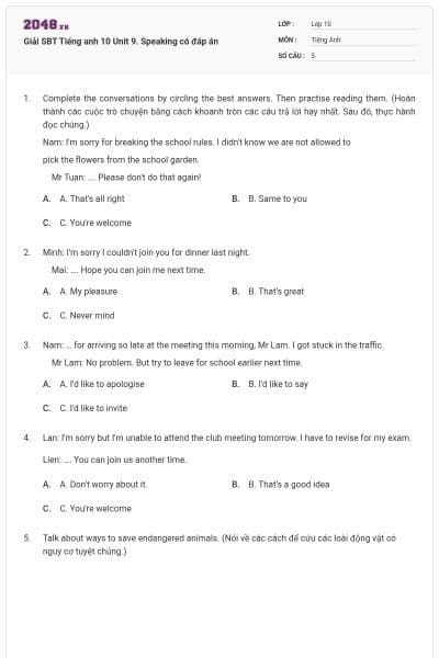 Giải SBT Tiếng anh 10 Unit 9. Speaking có đáp án
