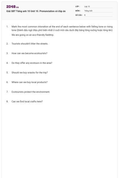 Giải SBT Tiếng anh 10 Unit 10. Pronunciation có đáp án