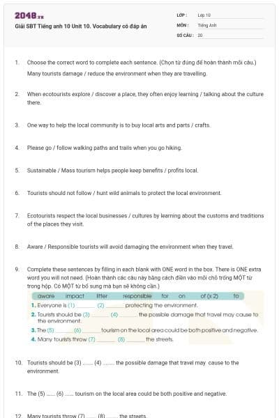 Giải SBT Tiếng anh 10 Unit 10. Vocabulary có đáp án