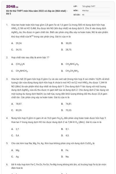 Đề thi thử THPT môn Hóa năm 2022 có đáp án (Mới nhất) - Đề 5