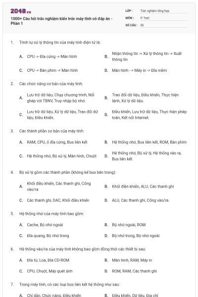 1000+ Câu hỏi trắc nghiệm kiến trúc máy tính có đáp án - Phần 1