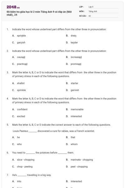 Đề kiểm tra giữa học kì 2 môn Tiếng Anh 9 có đáp án (Mới nhất)_ 24