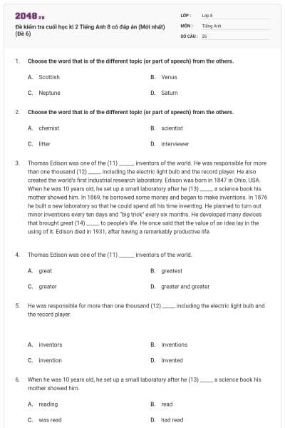 Đề kiểm tra cuối học kì 2 Tiếng Anh 8 có đáp án (Mới nhất) (Đề 6)
