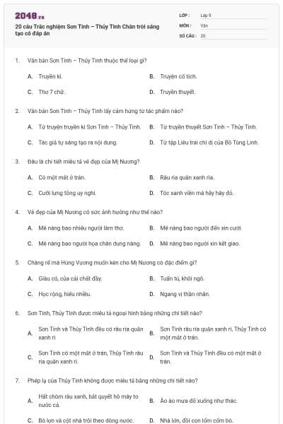 20 câu Trắc nghiệm Sơn Tinh – Thủy Tinh Chân trời sáng tạo có đáp án