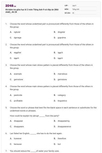 Đề kiểm tra giữa học kì 2 môn Tiếng Anh 9 có đáp án (Mới nhất)_ đề 28