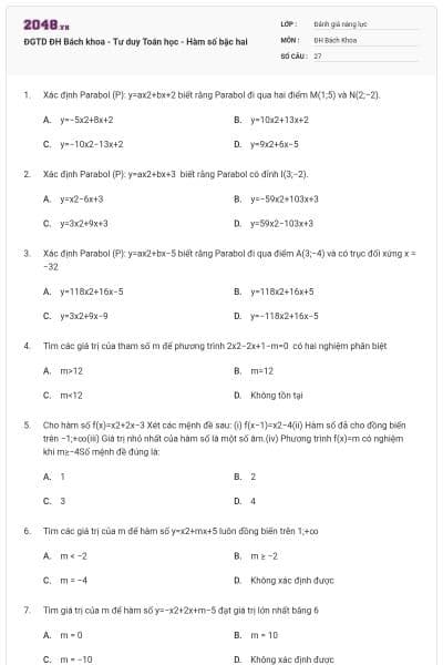 ĐGTD ĐH Bách khoa - Tư duy Toán học - Hàm số bậc hai