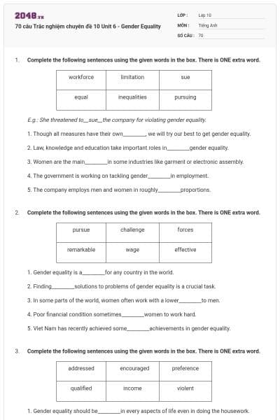 70 câu Trắc nghiệm chuyên đề 10 Unit 6 - Gender Equality