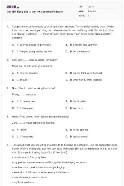 Giải SBT Tiếng anh 10 Unit 10. Speaking có đáp án