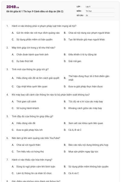 Đề thi giữa kì 1 Tin học 9 Cánh diều có đáp án (Đề 2)