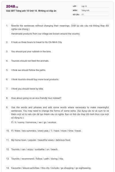 Giải SBT Tiếng anh 10 Unit 10. Writing có đáp án