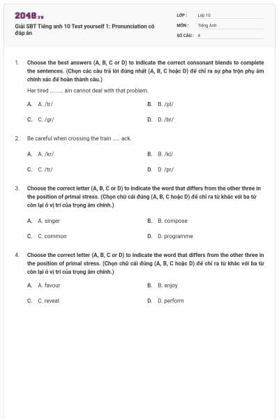 Giải SBT Tiếng anh 10 Test yourself 1: Pronunciation có đáp án