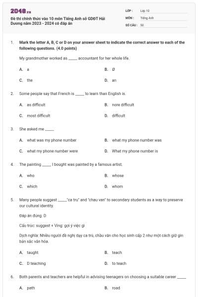 Đề thi chính thức vào 10 môn Tiếng Anh sở GDĐT Hải Dương năm 2023 - 2024 có đáp án