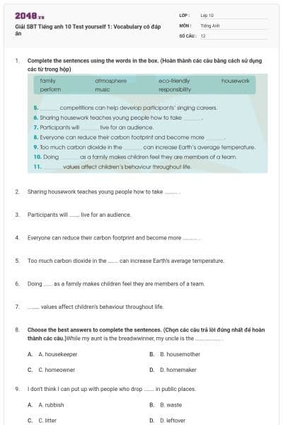 Giải SBT Tiếng anh 10 Test yourself 1: Vocabulary có đáp án