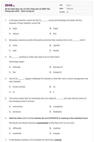 Đề thi chính thức vào 10 môn Tiếng Anh sở GDĐT Hải Phòng năm 2023 - 2024 có đáp án