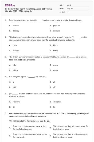 Đề thi chính thức vào 10 môn Tiếng Anh sở GDĐT Hưng Yên năm 2023 - 2024 có đáp án