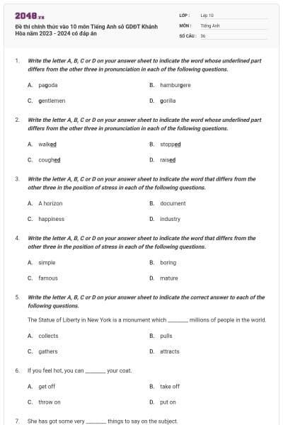 Đề thi chính thức vào 10 môn Tiếng Anh sở GDĐT Khánh Hòa năm 2023 - 2024 có đáp án