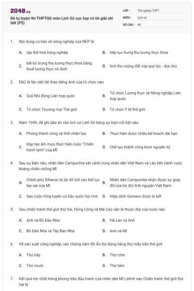 Đề tự luyện thi THPTQG môn Lịch Sử cực hay có lời giải chi tiết (P5)
