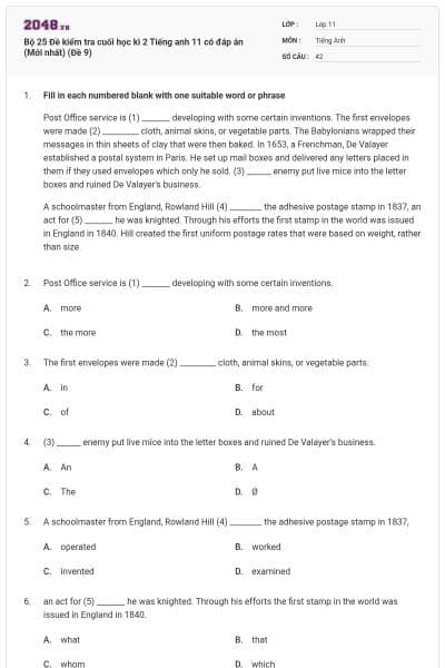 Bộ 25 Đề kiểm tra cuối học kì 2 Tiếng anh 11 có đáp án (Mới nhất) (Đề 9)