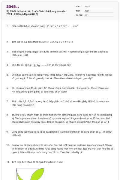 Bộ 15 đề thi ôn vào lớp 6 môn Toán chất lượng cao năm 2024 - 2025 có đáp án (Đề 3)