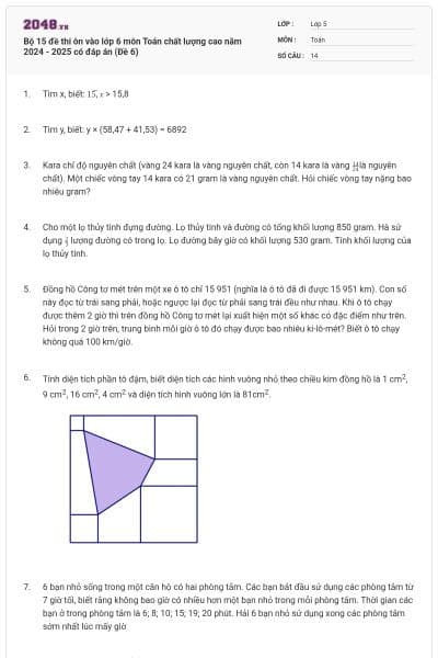 Bộ 15 đề thi ôn vào lớp 6 môn Toán chất lượng cao năm 2024 - 2025 có đáp án (Đề 6)