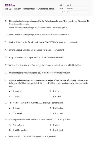 Giải SBT Tiếng anh 10 Test yourself 1: Grammar có đáp án