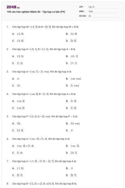 100 câu trắc nghiệm Mệnh đề - Tập hợp cơ bản (P4)