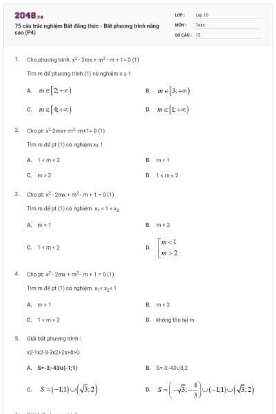 75 câu trắc nghiệm Bất đẳng thức - Bất phương trình nâng cao (P4)