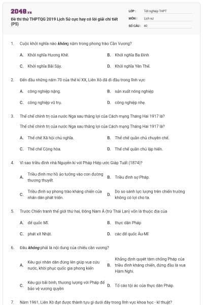 Đề thi thử THPTQG 2019 Lịch Sử cực hay có lời giải chi tiết (P5)