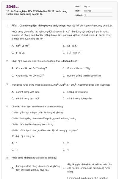 15 câu Trắc nghiệm Hóa 12 Cánh diều Bài 19: Nước cứng và làm mềm nước cứng có đáp án