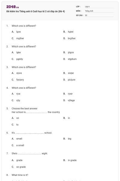 Đề kiểm tra Tiếng anh 6 Cuối học kì 2 có đáp án (Đề 4)