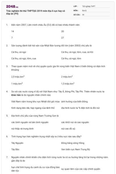 Trắc nghiệm thi thử THPTQG 2019 môn Địa lí cực hay có đáp án (P4)