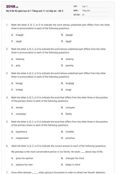 Bộ 8 Đề thi giữa học kì 1 Tiếng anh 11 có đáp án - Đề 3