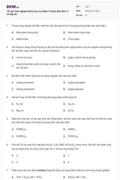 15 câu Trắc nghiệm Khoa học tự nhiên 9 Cánh diều Bài 17 có đáp án