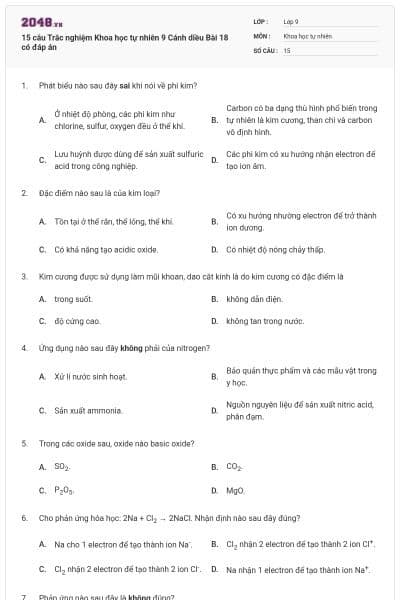 15 câu Trắc nghiệm Khoa học tự nhiên 9 Cánh diều Bài 18 có đáp án