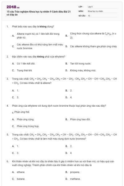 15 câu Trắc nghiệm Khoa học tự nhiên 9 Cánh diều Bài 21 có đáp án