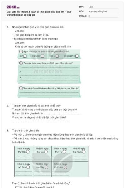 Giải VBT HĐTN lớp 3 Tuần 5: Thời gian biểu của em – Quý trọng thời gian có đáp án