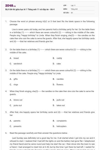 Bộ 8 Đề thi giữa học kì 1 Tiếng anh 11 có đáp án - Đề 4