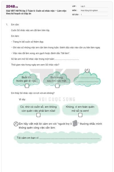 Giải VBT HĐTN lớp 3 Tuần 6: Cuốn sổ nhắc việc – Làm việc theo kế hoạch  có đáp án