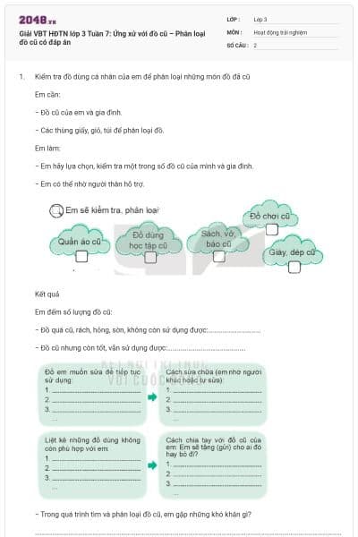 Giải VBT HĐTN lớp 3 Tuần 7: Ứng xử với đồ cũ – Phân loại đồ cũ có đáp án