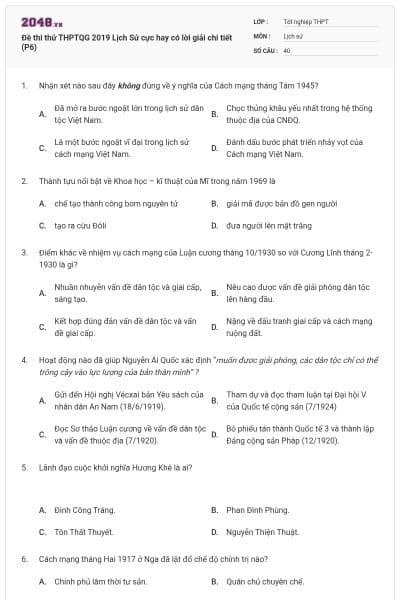 Đề thi thử THPTQG 2019 Lịch Sử cực hay có lời giải chi tiết (P6)