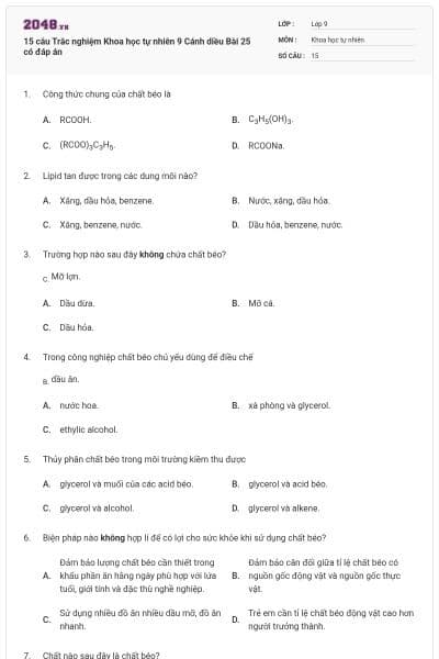 15 câu Trắc nghiệm Khoa học tự nhiên 9 Cánh diều Bài 25 có đáp án