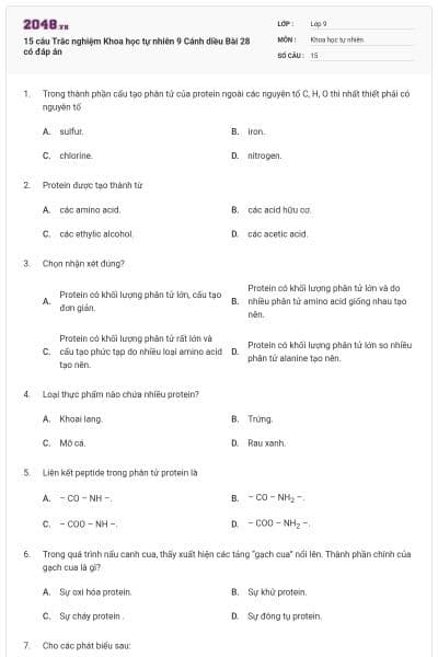 15 câu Trắc nghiệm Khoa học tự nhiên 9 Cánh diều Bài 28 có đáp án