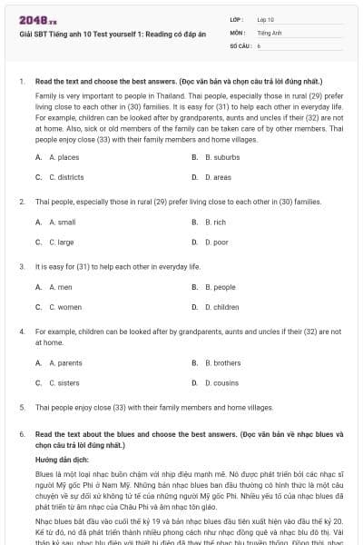 Giải SBT Tiếng anh 10 Test yourself 1: Reading có đáp án