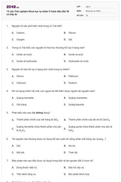 15 câu Trắc nghiệm Khoa học tự nhiên 9 Cánh diều Bài 30 có đáp án