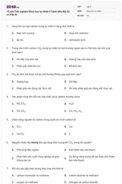 15 câu Trắc nghiệm Khoa học tự nhiên 9 Cánh diều Bài 32 có đáp án
