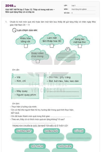 Giải VBT HĐTN lớp 3 Tuần 12: Thầy cô trong mắt em – Món quà tặng thầy cô có đáp án