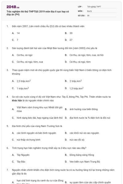 Trắc nghiệm thi thử THPTQG 2019 môn Địa lí cực hay có đáp án (P4)