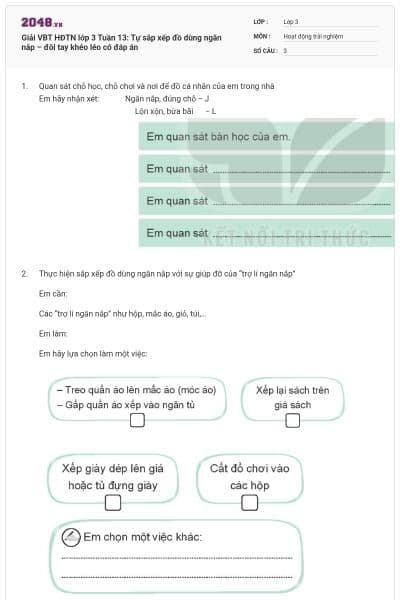 Giải VBT HĐTN lớp 3 Tuần 13: Tự sắp xếp đồ dùng ngăn nắp – đôi tay khéo léo có đáp án