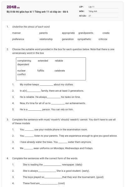 Bộ 8 Đề thi giữa học kì 1 Tiếng anh 11 có đáp án - Đề 6